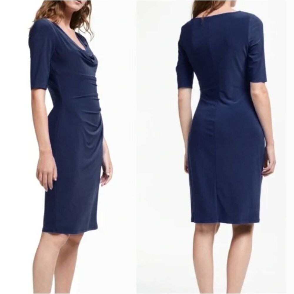 Lauren Ralph Lauren Carleton Dress Womens Size 8 Navy Ruched The Drape Cowl Neck